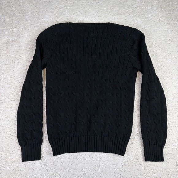 Women's Ralph Lauren Sport Large Black Cotton Cable Knute V Neck Sweater Preppy - Picture 6 of 6